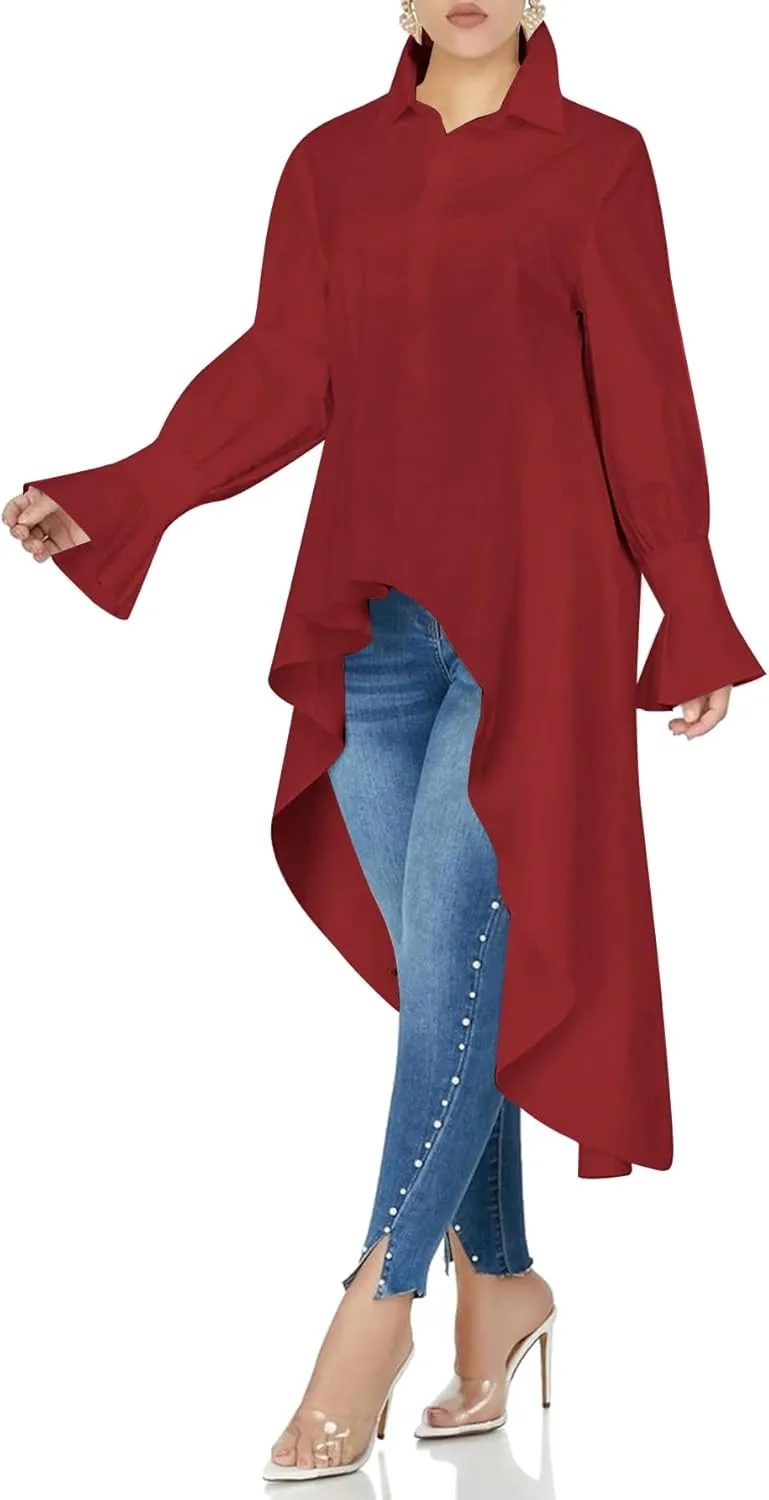 Umenlele Womens Button Down Long Sleeve Asymmetric Ruffle High Low Hem Blouse Shirt Top