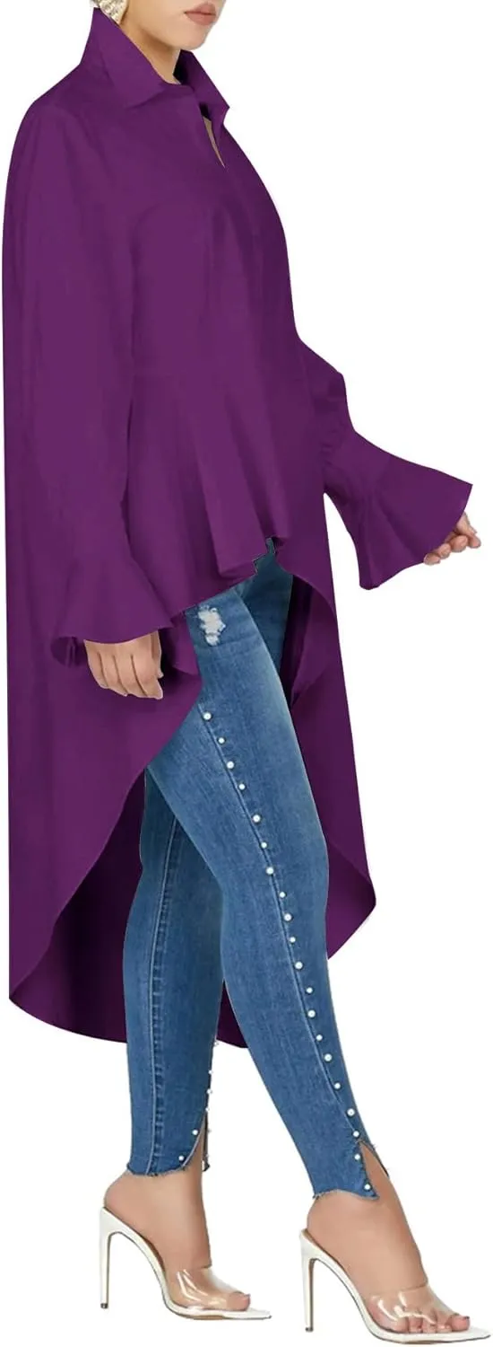 Umenlele Womens Button Down Long Sleeve Asymmetric Ruffle High Low Hem Blouse Shirt Top