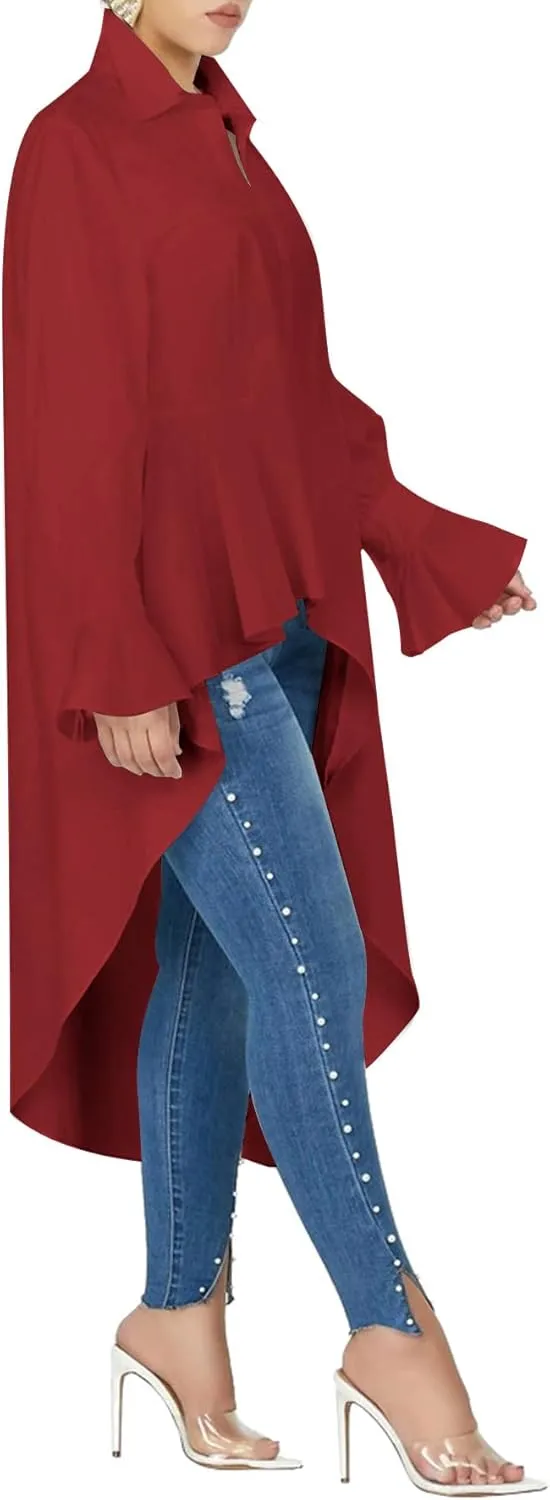 Umenlele Womens Button Down Long Sleeve Asymmetric Ruffle High Low Hem Blouse Shirt Top