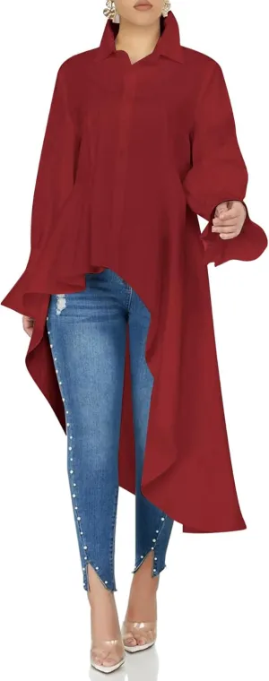 Umenlele Womens Button Down Long Sleeve Asymmetric Ruffle High Low Hem Blouse Shirt Top