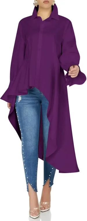 Umenlele Womens Button Down Long Sleeve Asymmetric Ruffle High Low Hem Blouse Shirt Top