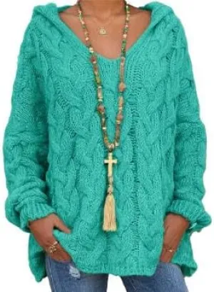V Neck Hoodie Sweaters for Women, Trendy Oversized Long Sleeves Cable Knit Tops Vintage Chunky Drop Shoulder Pullover Sweater