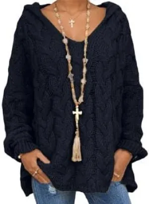 V Neck Hoodie Sweaters for Women, Trendy Oversized Long Sleeves Cable Knit Tops Vintage Chunky Drop Shoulder Pullover Sweater