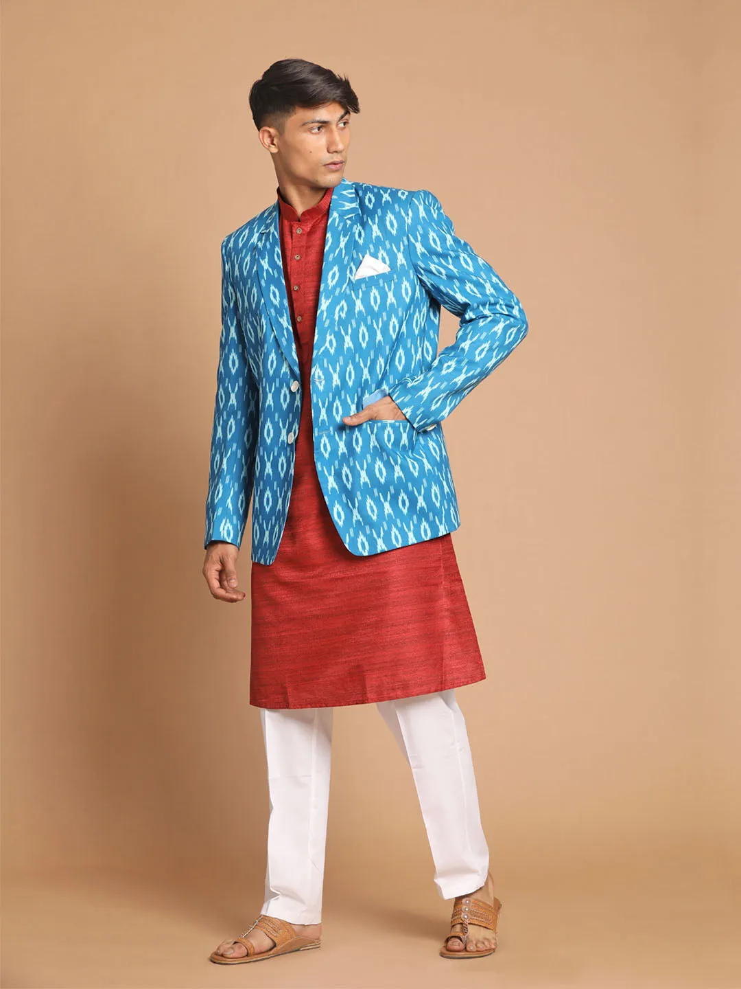 VASTRAMAY Men's Blue Ikkat Blazer Set