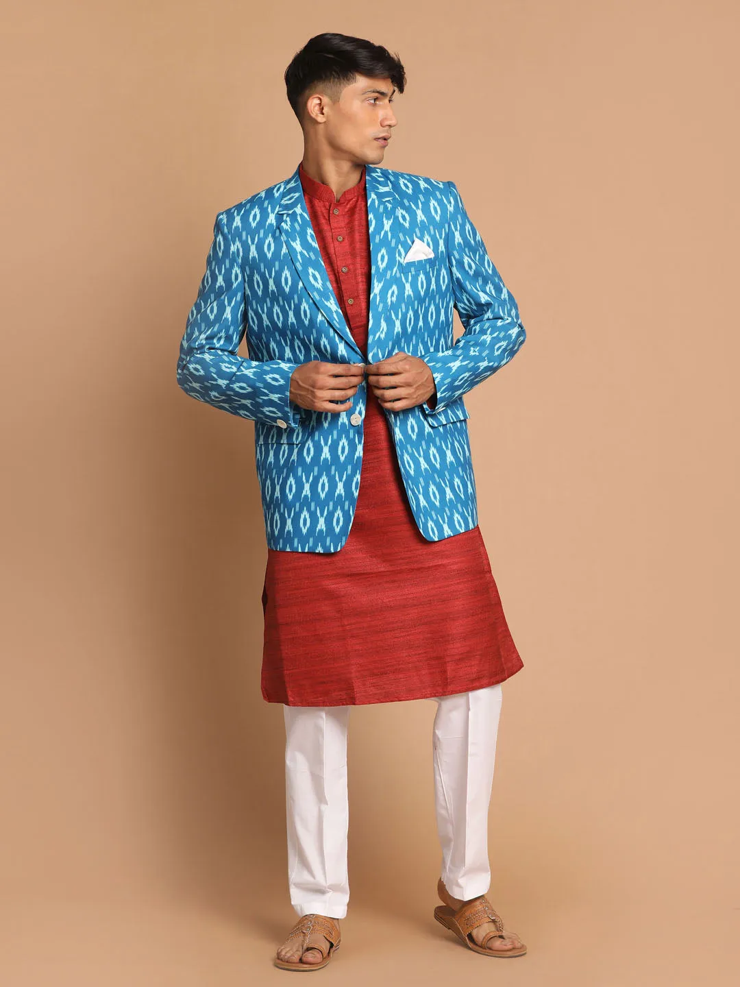 VASTRAMAY Men's Blue Ikkat Blazer Set