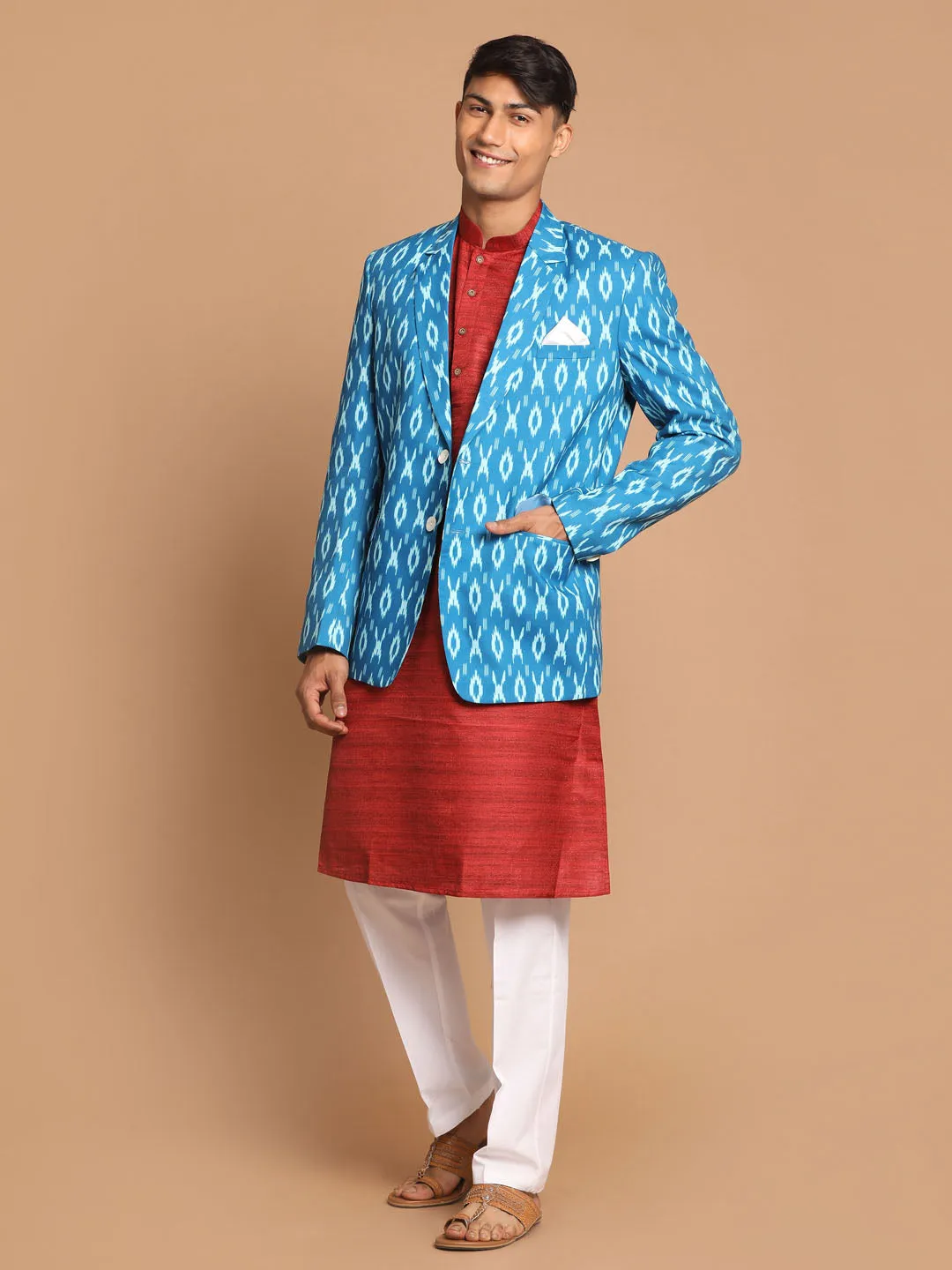 VASTRAMAY Men's Blue Ikkat Blazer Set