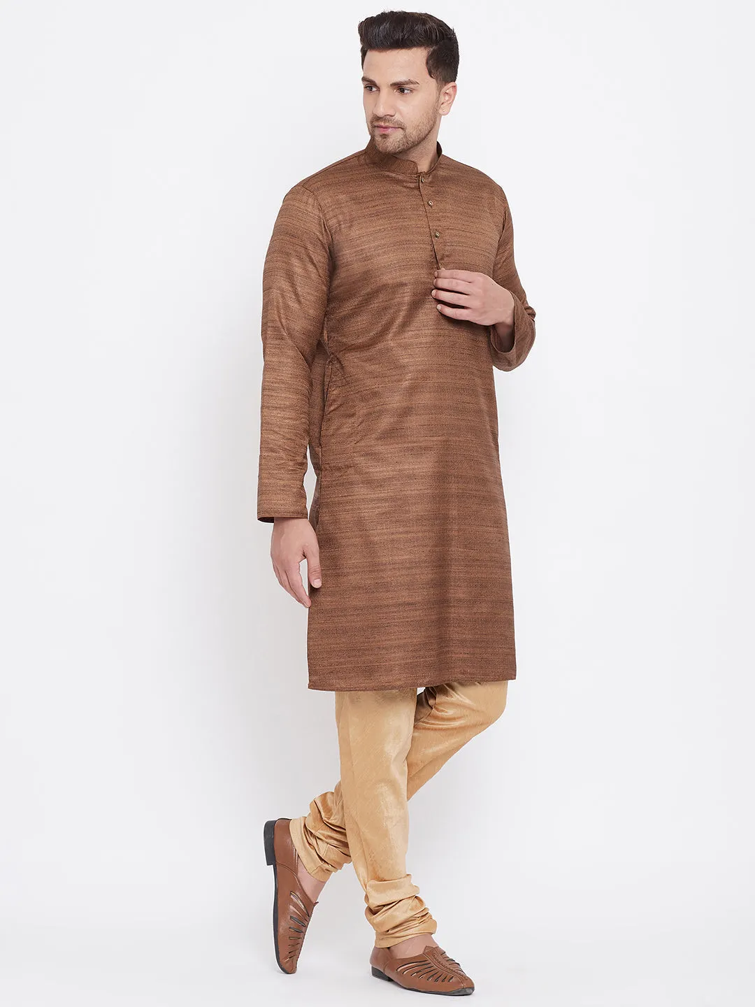 Vastramay Men's Coffee Brown Silk Kurta Pyjama