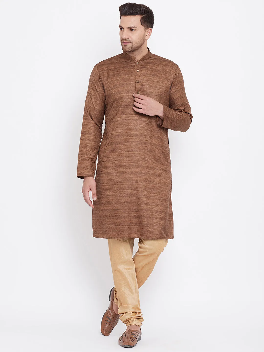 Vastramay Men's Coffee Brown Silk Kurta Pyjama