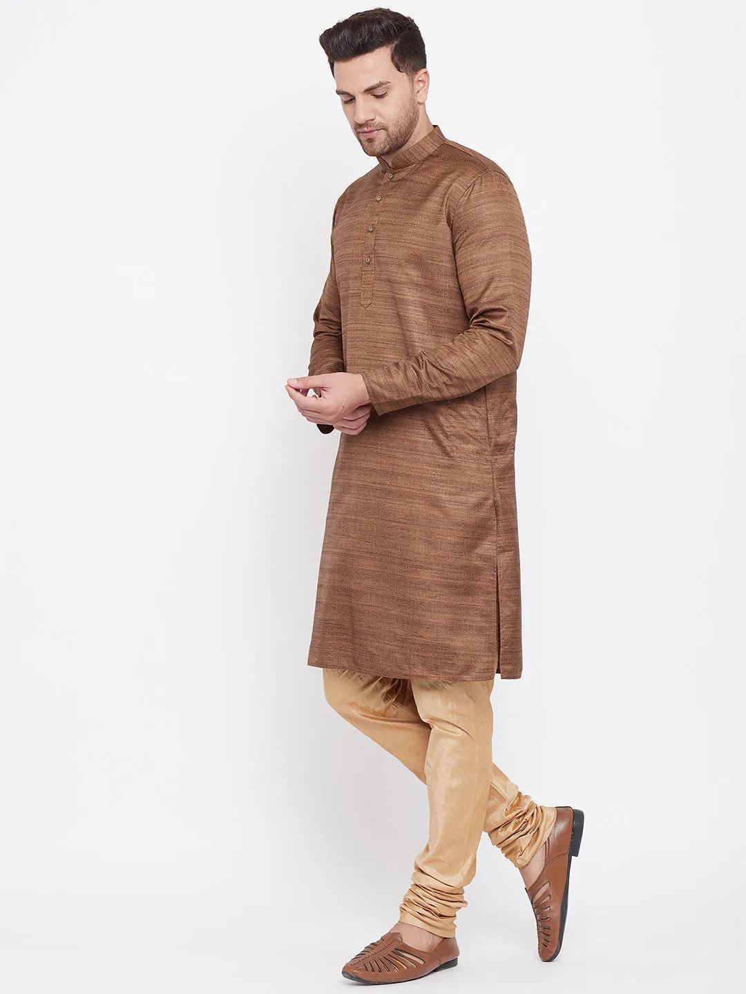 Vastramay Men's Coffee Brown Silk Kurta Pyjama