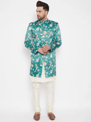 VASTRAMAY Men's Multicolor Base Blue Silk Blend Sherwani With Kurta Pyjama Set