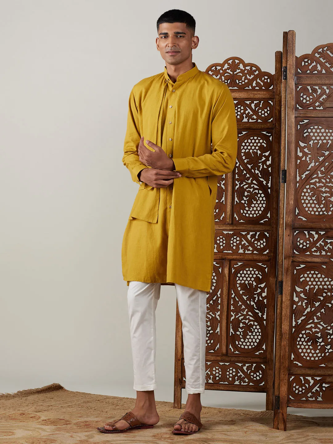 Vastramay Men's Mustard Cotton Kurta Set