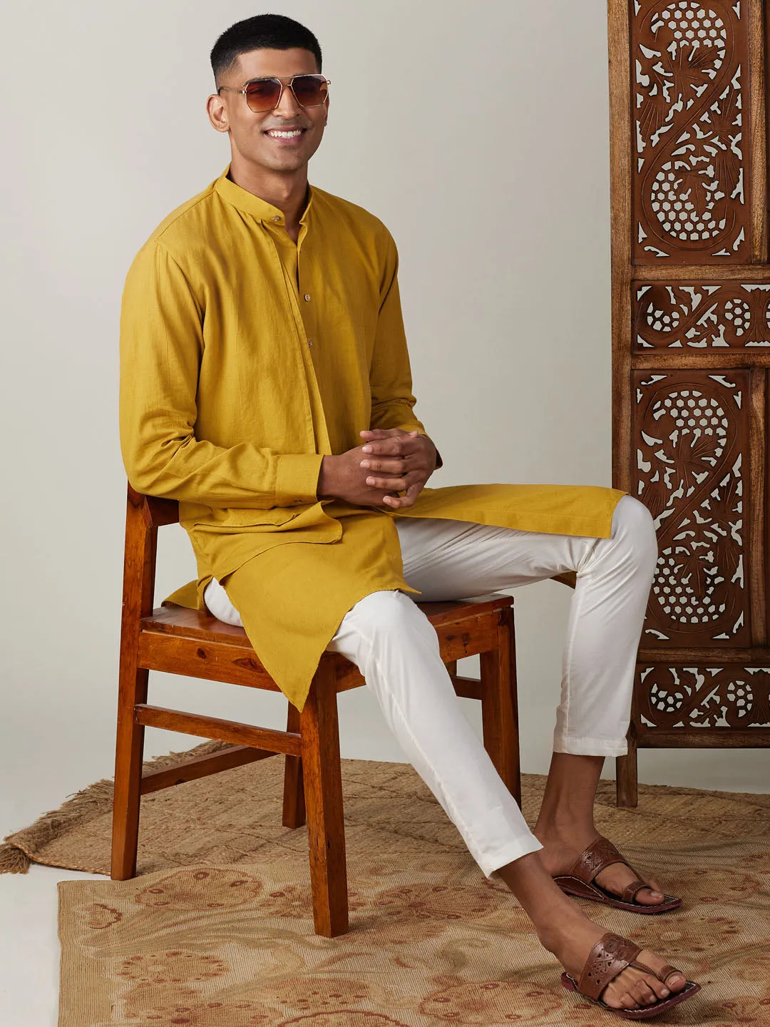 Vastramay Men's Mustard Cotton Kurta Set