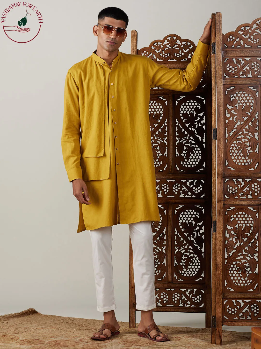Vastramay Men's Mustard Cotton Kurta Set