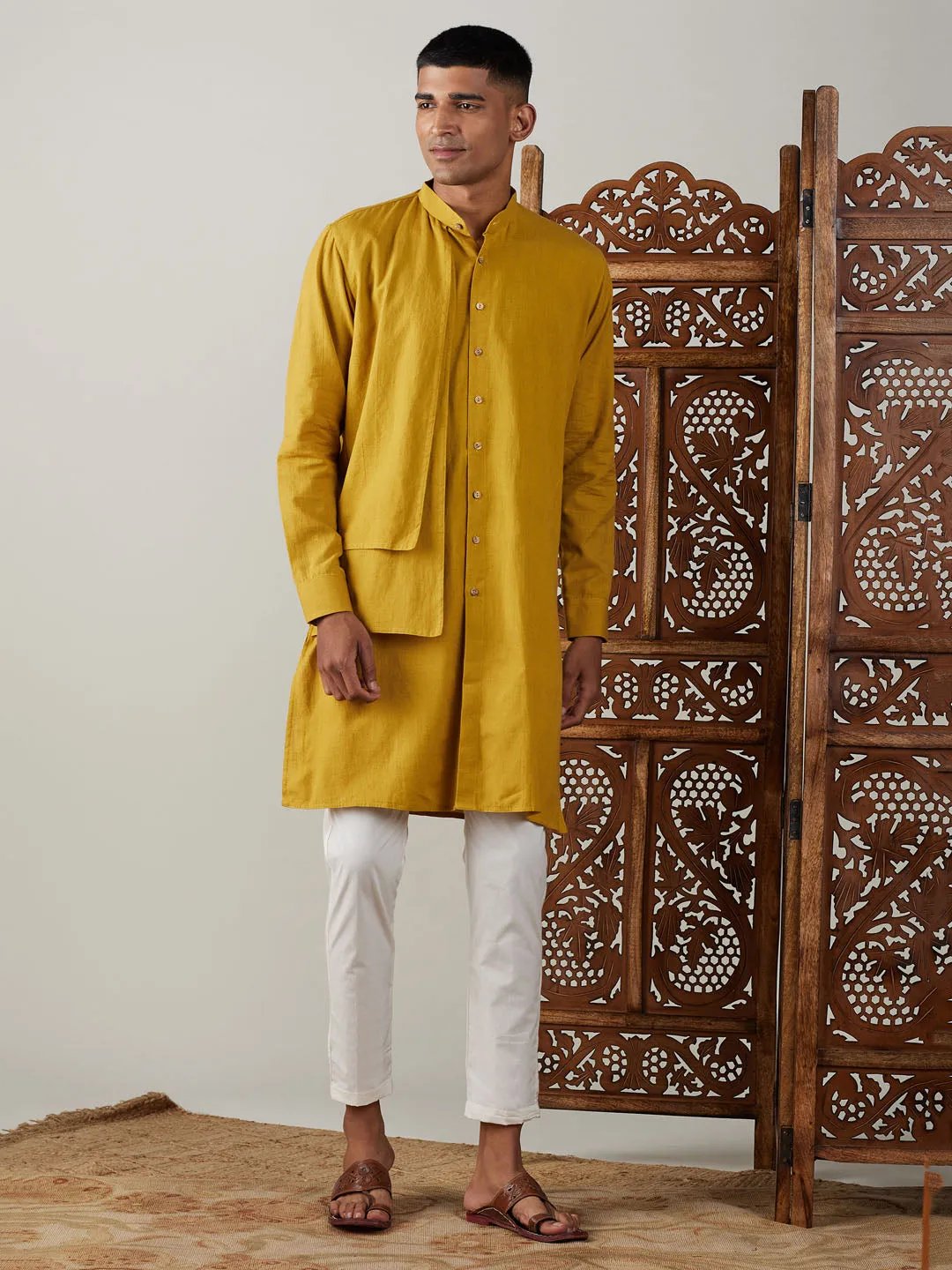 Vastramay Men's Mustard Cotton Kurta Set