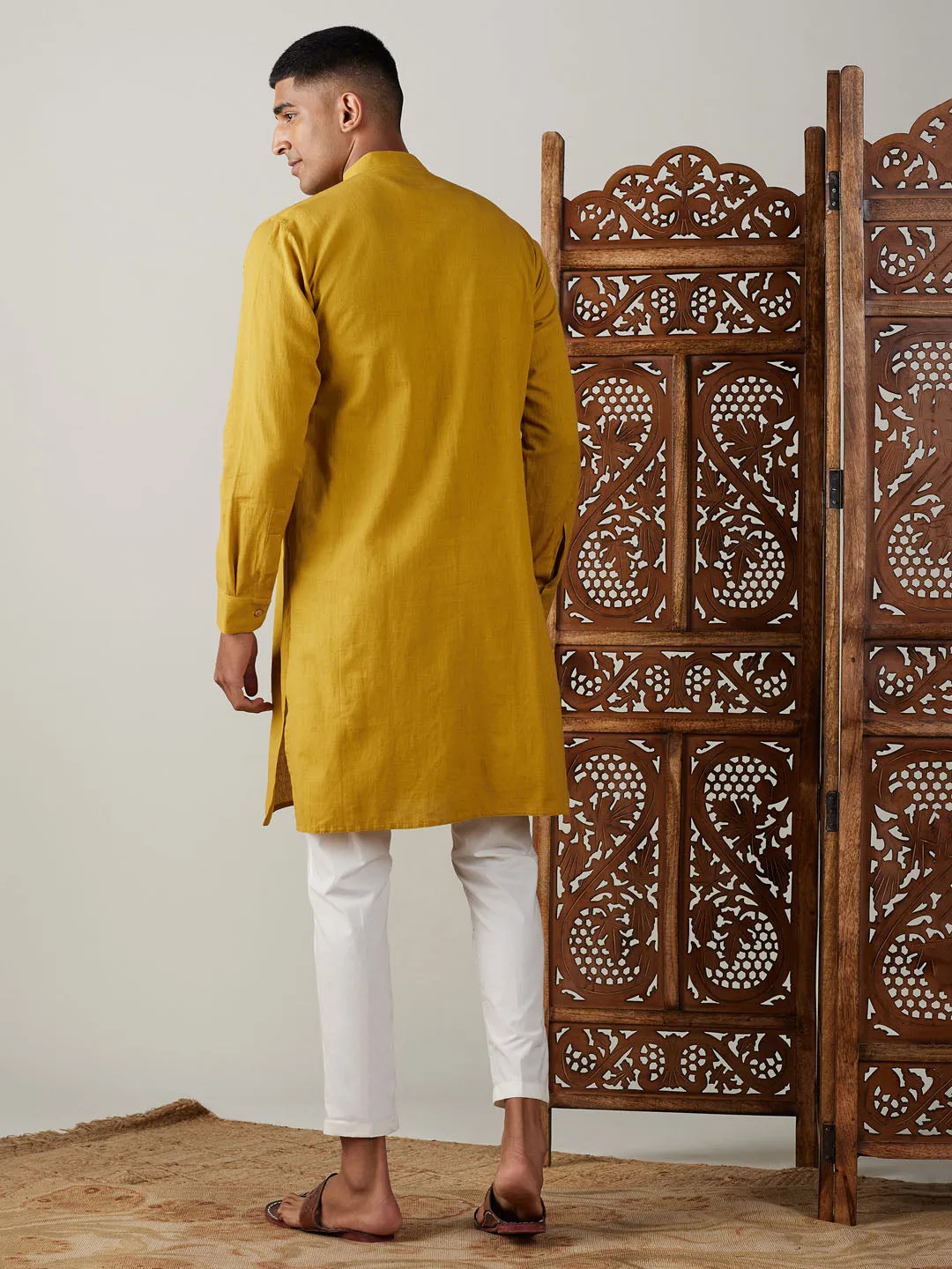 Vastramay Men's Mustard Cotton Kurta Set