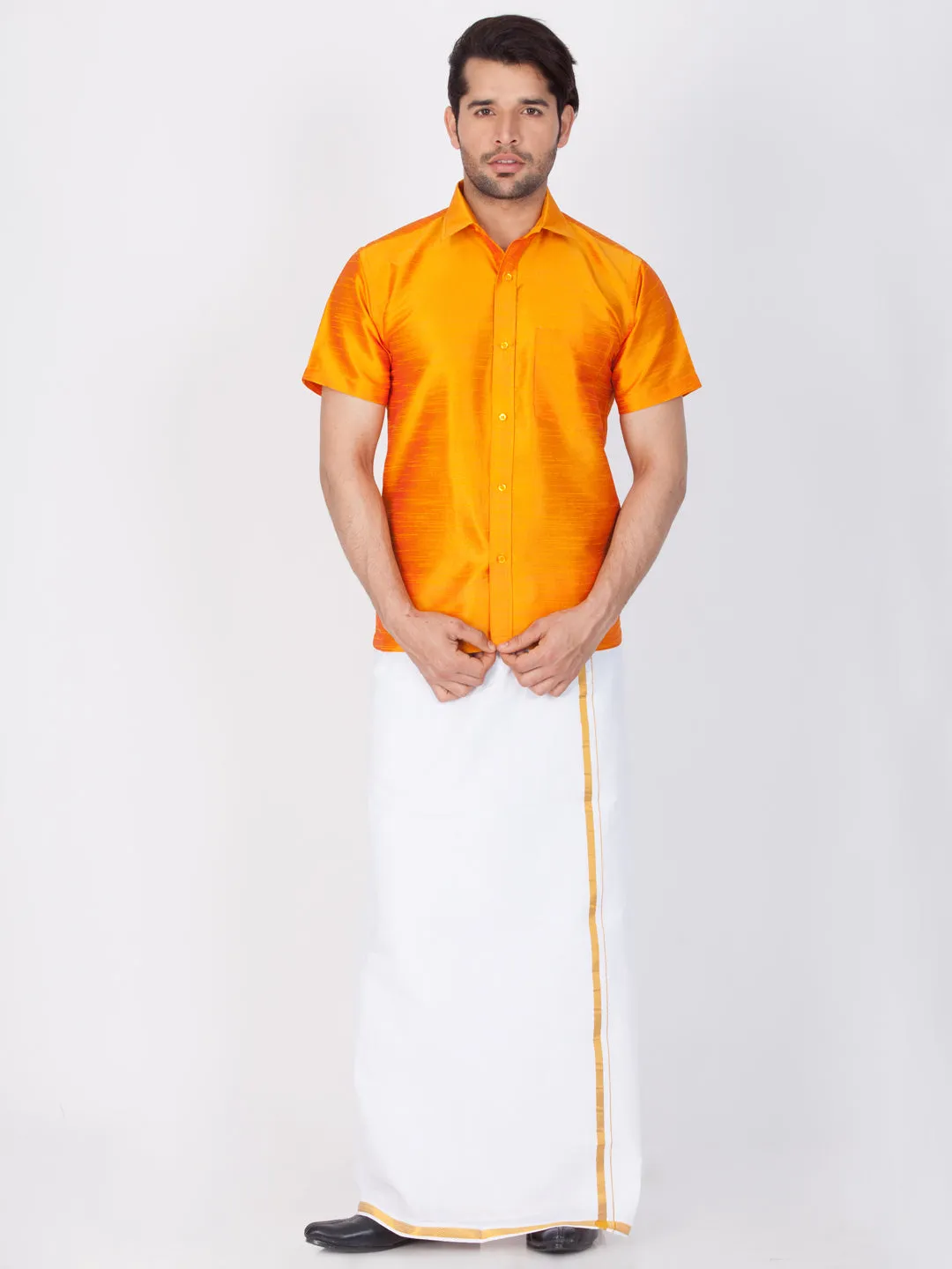 VASTRAMAY Men's Orange Silk Blend Shirt