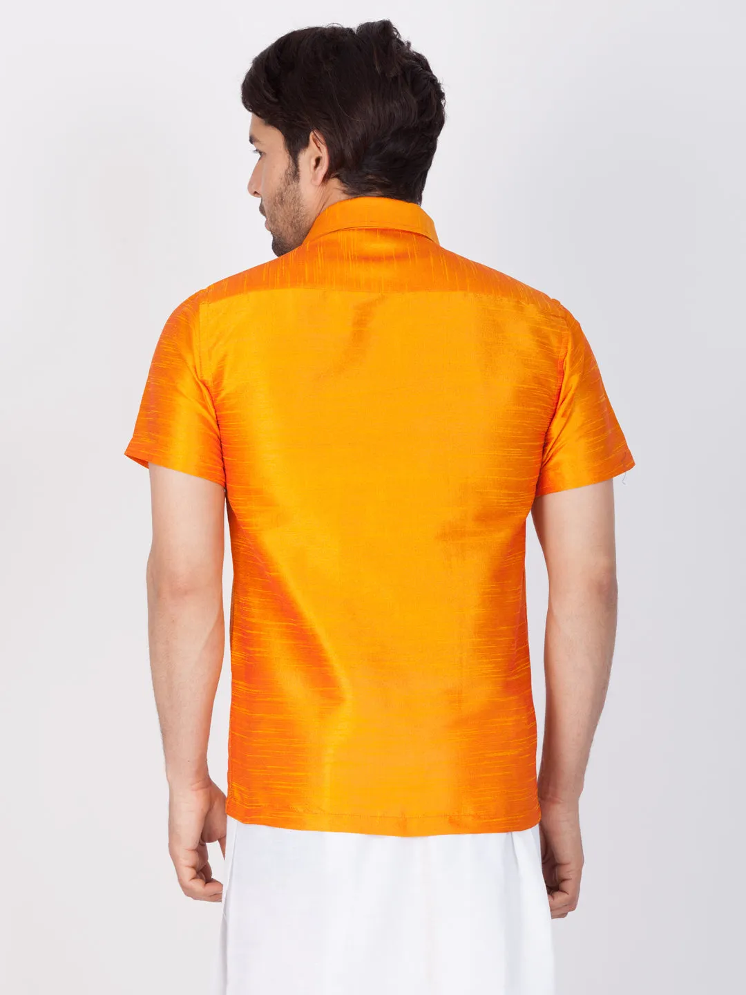 VASTRAMAY Men's Orange Silk Blend Shirt