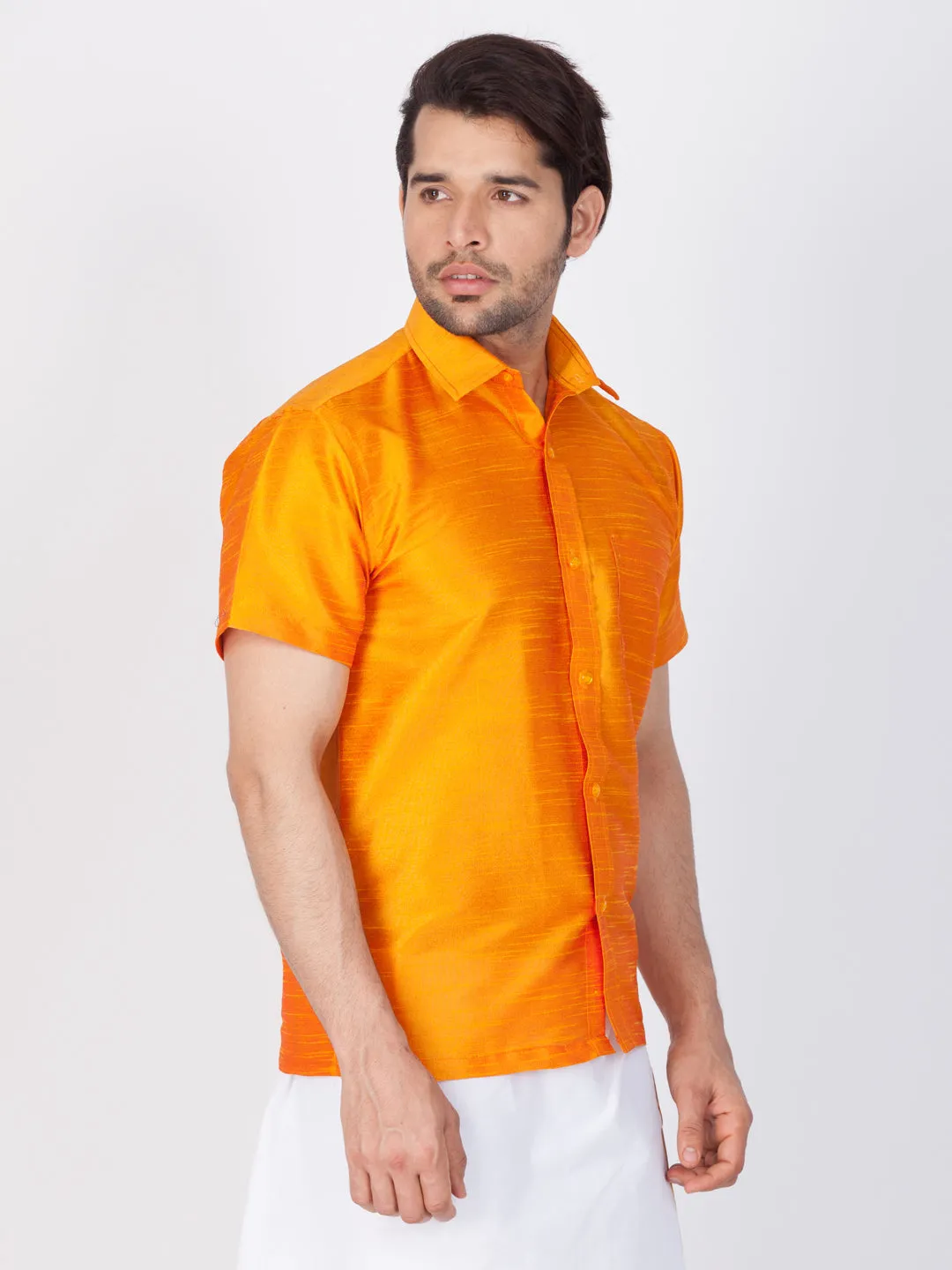 VASTRAMAY Men's Orange Silk Blend Shirt