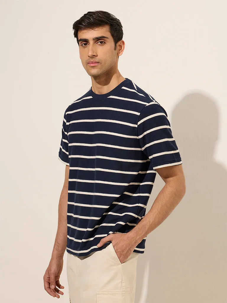 WES Casuals Navy Striped Design Relaxed-Fit Cotton T-Shirt