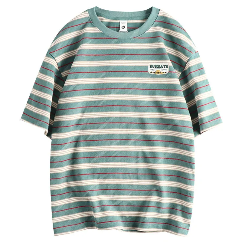 Wiaofellas  -  100% Cotton Knitted Heavyweight Washed T Shirts for Men Summer Fashion Striped Short Sleeve Youth Male Cityboy Tees Tops