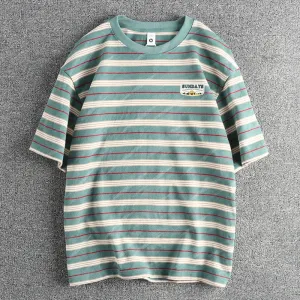 Wiaofellas  -  100% Cotton Knitted Heavyweight Washed T Shirts for Men Summer Fashion Striped Short Sleeve Youth Male Cityboy Tees Tops