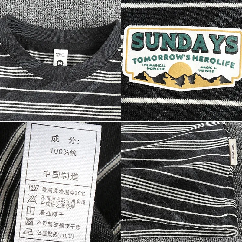 Wiaofellas  -  100% Cotton Knitted Heavyweight Washed T Shirts for Men Summer Fashion Striped Short Sleeve Youth Male Cityboy Tees Tops