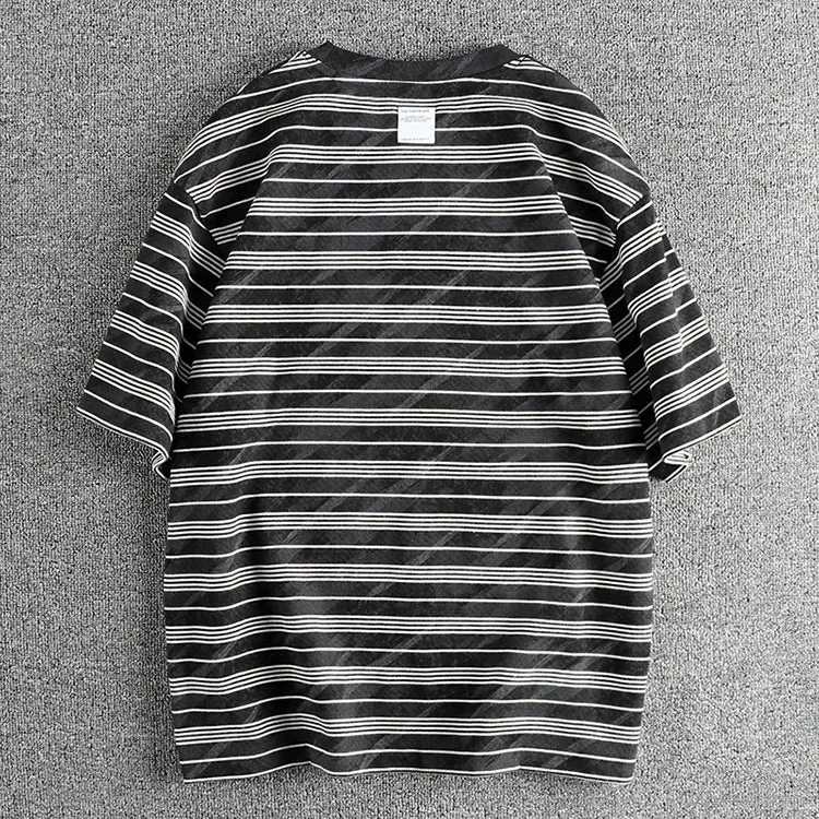 Wiaofellas  -  100% Cotton Knitted Heavyweight Washed T Shirts for Men Summer Fashion Striped Short Sleeve Youth Male Cityboy Tees Tops