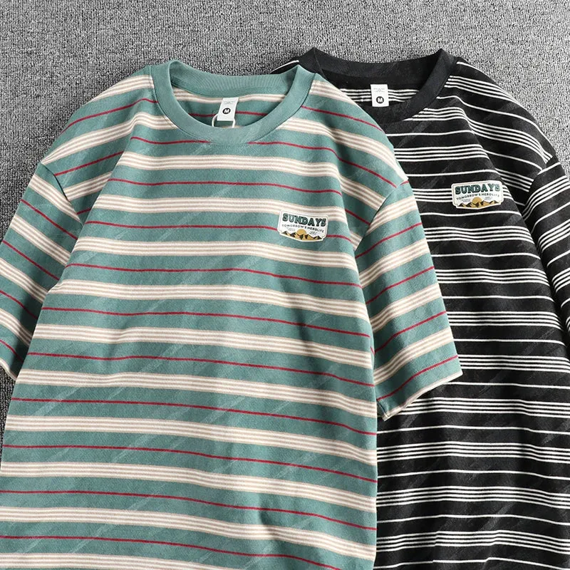 Wiaofellas  -  100% Cotton Knitted Heavyweight Washed T Shirts for Men Summer Fashion Striped Short Sleeve Youth Male Cityboy Tees Tops