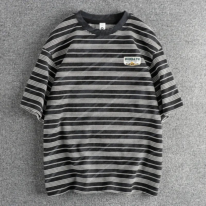 Wiaofellas  -  100% Cotton Knitted Heavyweight Washed T Shirts for Men Summer Fashion Striped Short Sleeve Youth Male Cityboy Tees Tops