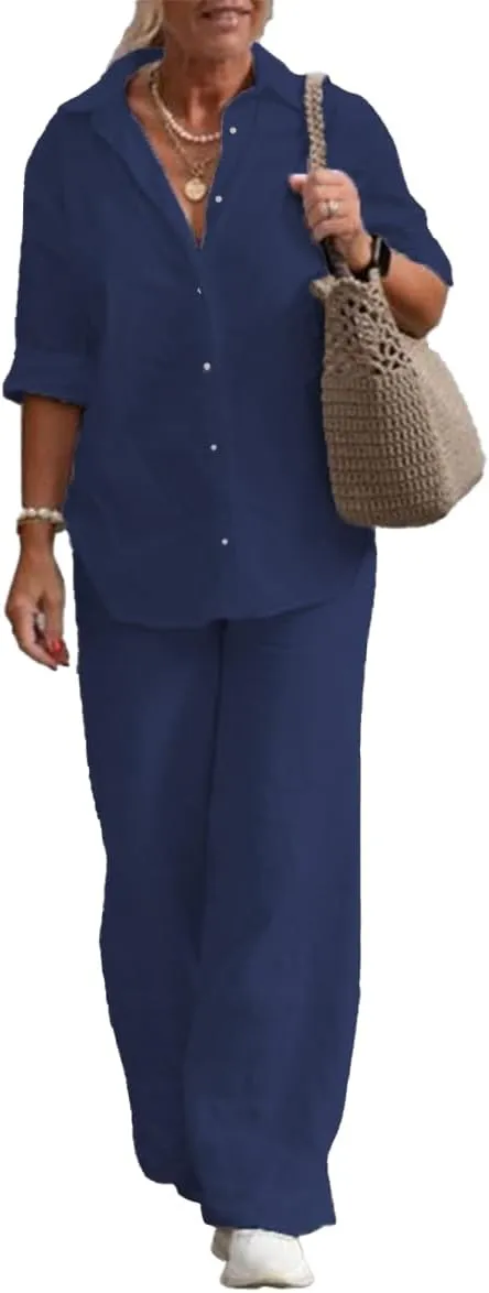 Women 2 Piece Cotton Linen Outfits Casual Loose Roll Sleeve Button Top Shirt High Waist Wide Leg Pants Sets