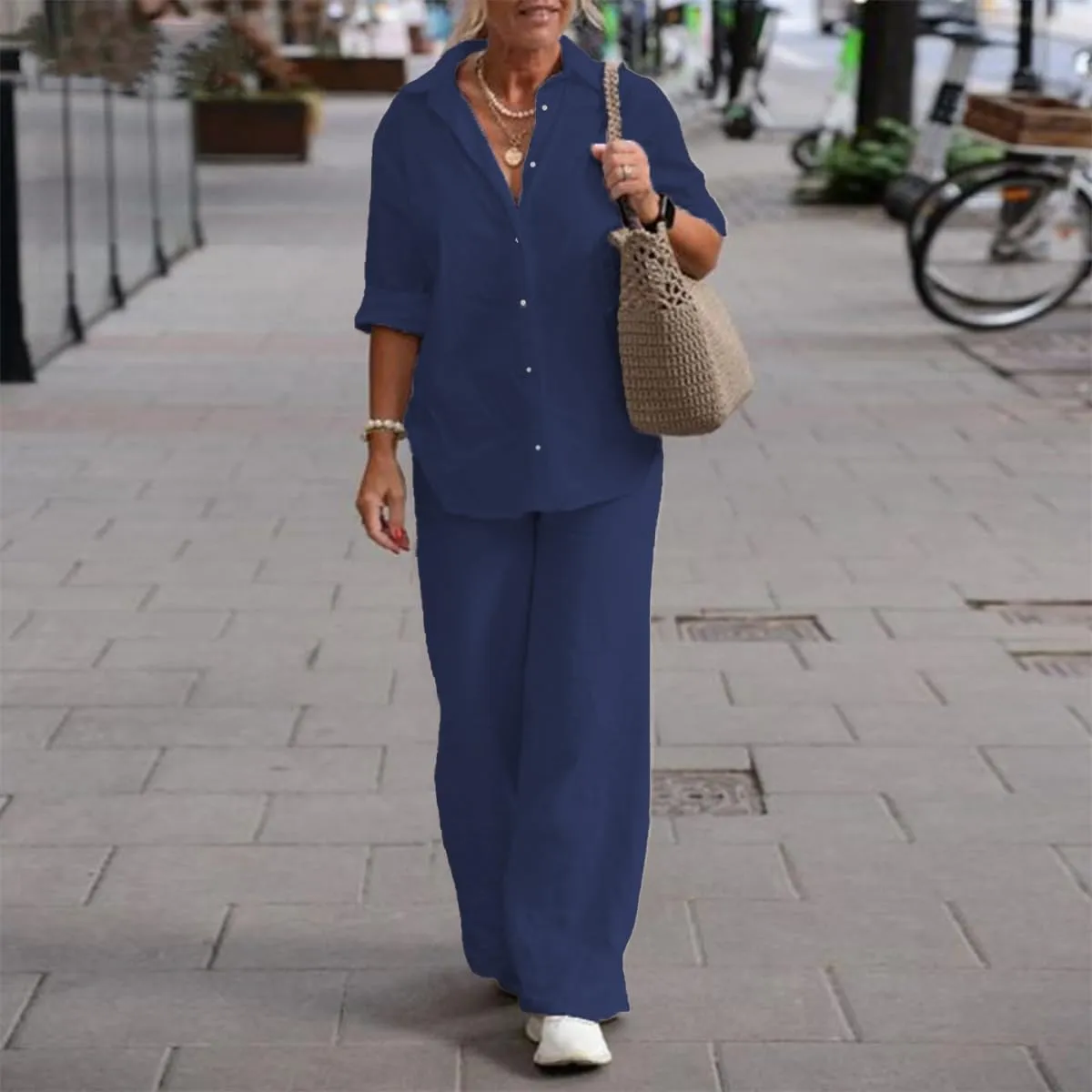 Women 2 Piece Cotton Linen Outfits Casual Loose Roll Sleeve Button Top Shirt High Waist Wide Leg Pants Sets