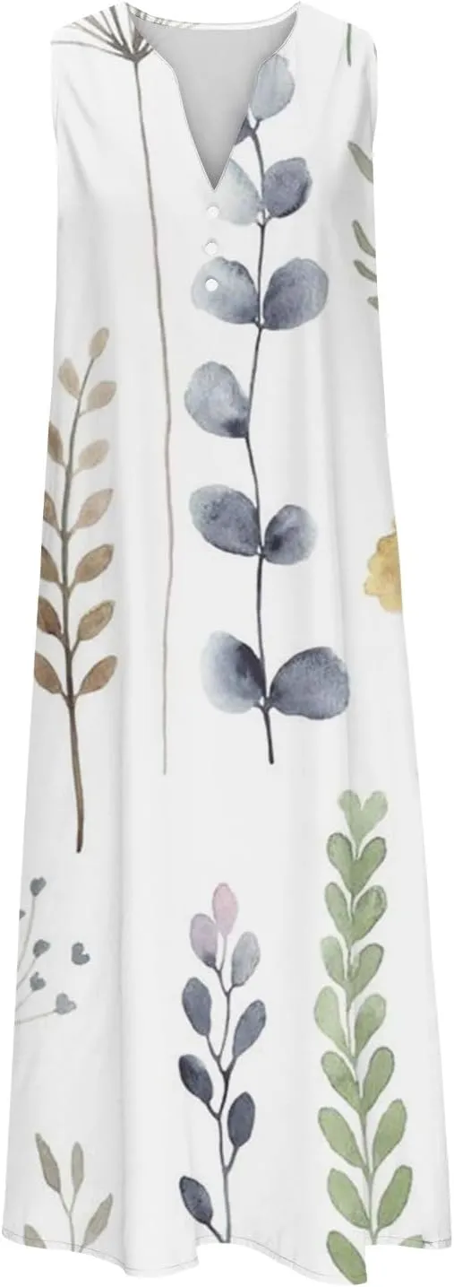Women Sleeveless Casual Midi Dresses Cute Flower Graphic Print Sun Dresses Loose Vintage Beach Dress with Pockets