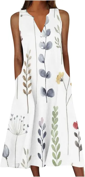 Women Sleeveless Casual Midi Dresses Cute Flower Graphic Print Sun Dresses Loose Vintage Beach Dress with Pockets