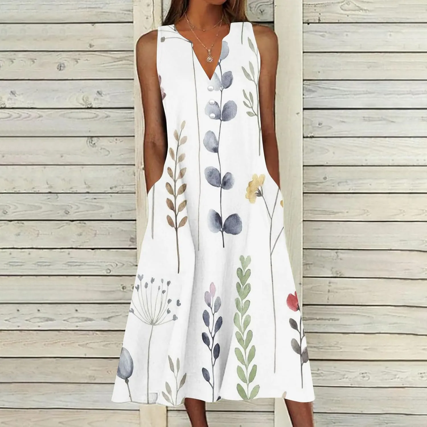 Women Sleeveless Casual Midi Dresses Cute Flower Graphic Print Sun Dresses Loose Vintage Beach Dress with Pockets