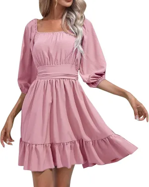 Women Summer Casual Short Lantern Sleeve Square Neck A-Line Flowy Boho Mini Dress 2025 Trendy Beach Travel Clothes