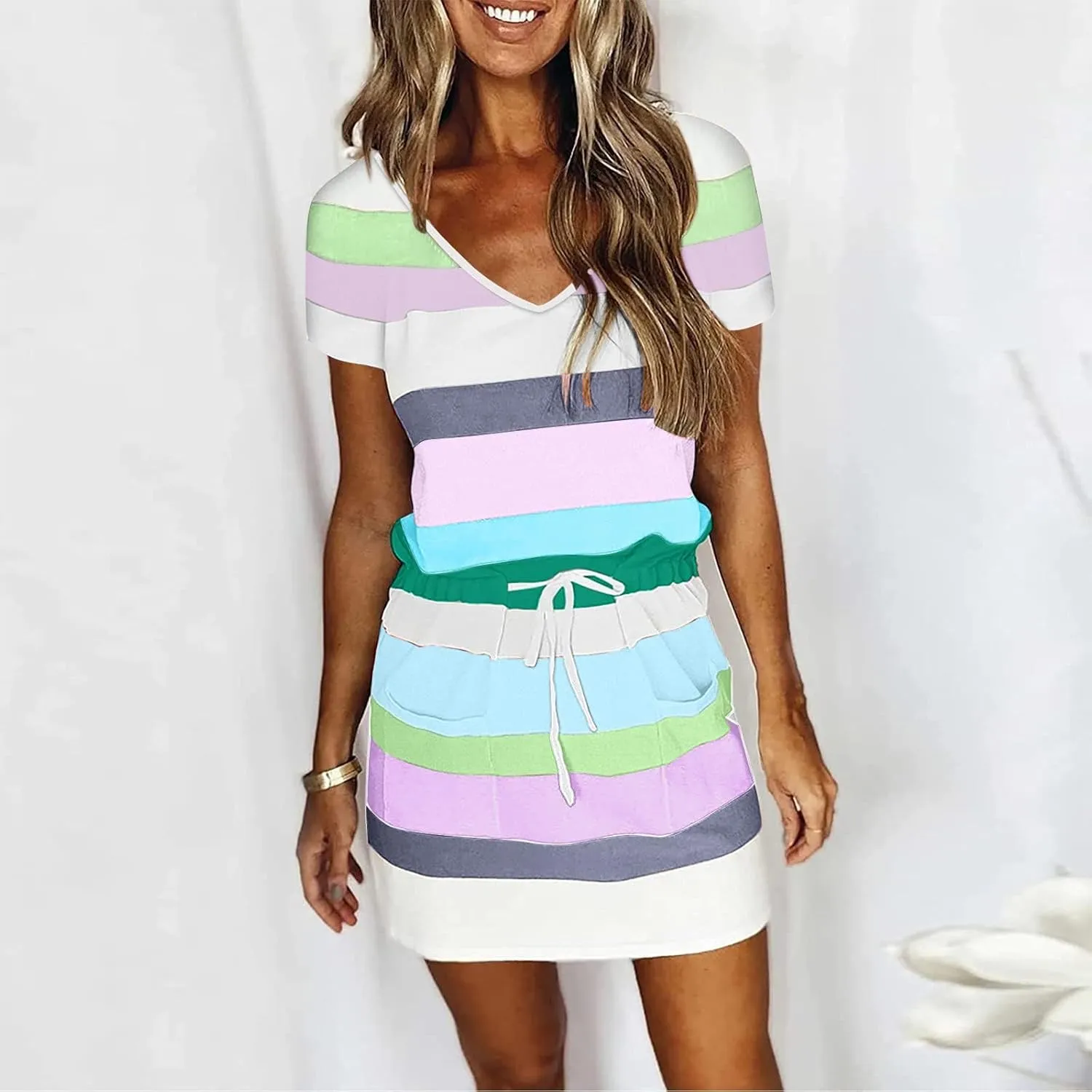 Women Summer Dress Athletic Short Dress Lantern Sleeve Square Neck Tie Back Flowy A-Line Double Layer Hem Mini Dress