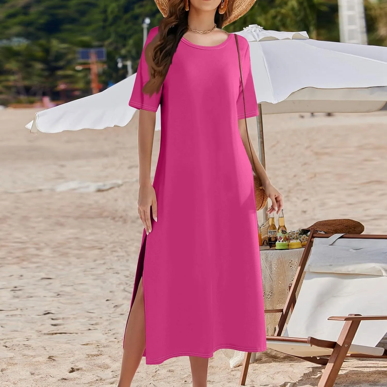 Women Summer Dresses Short Sleeve Round Neck Slit Hem Dress Solid Color Beach Vacation Sundress with Pockets