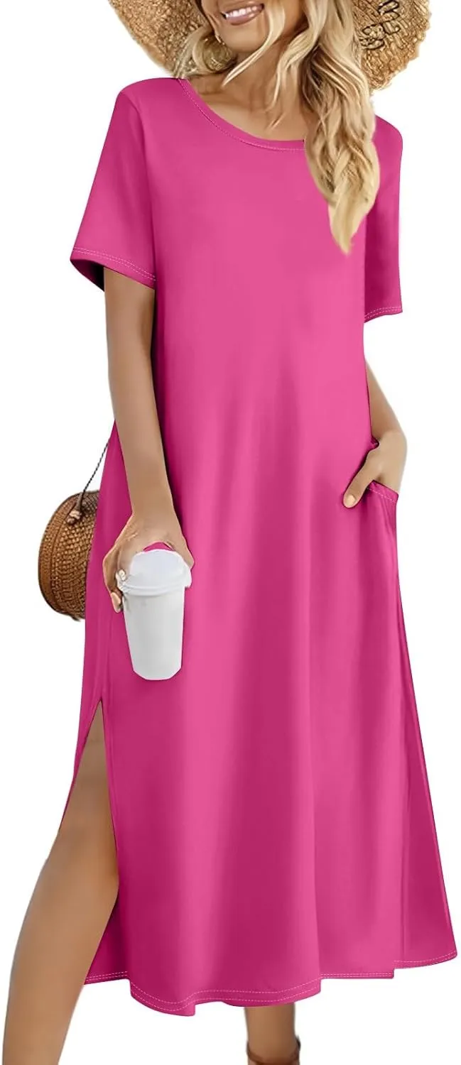 Women Summer Dresses Short Sleeve Round Neck Slit Hem Dress Solid Color Beach Vacation Sundress with Pockets