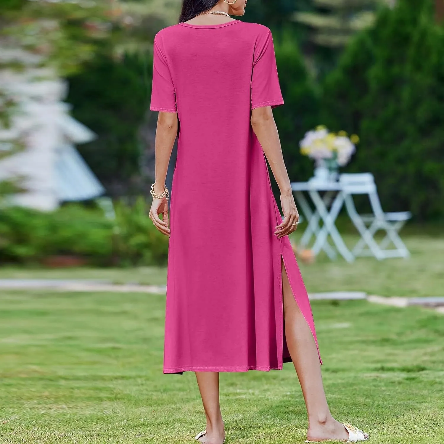 Women Summer Dresses Short Sleeve Round Neck Slit Hem Dress Solid Color Beach Vacation Sundress with Pockets