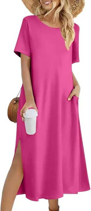 Women Summer Dresses Short Sleeve Round Neck Slit Hem Dress Solid Color Beach Vacation Sundress with Pockets