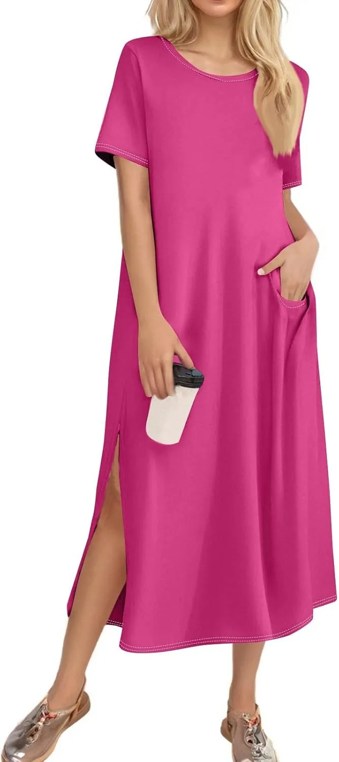 Women Summer Dresses Short Sleeve Round Neck Slit Hem Dress Solid Color Beach Vacation Sundress with Pockets