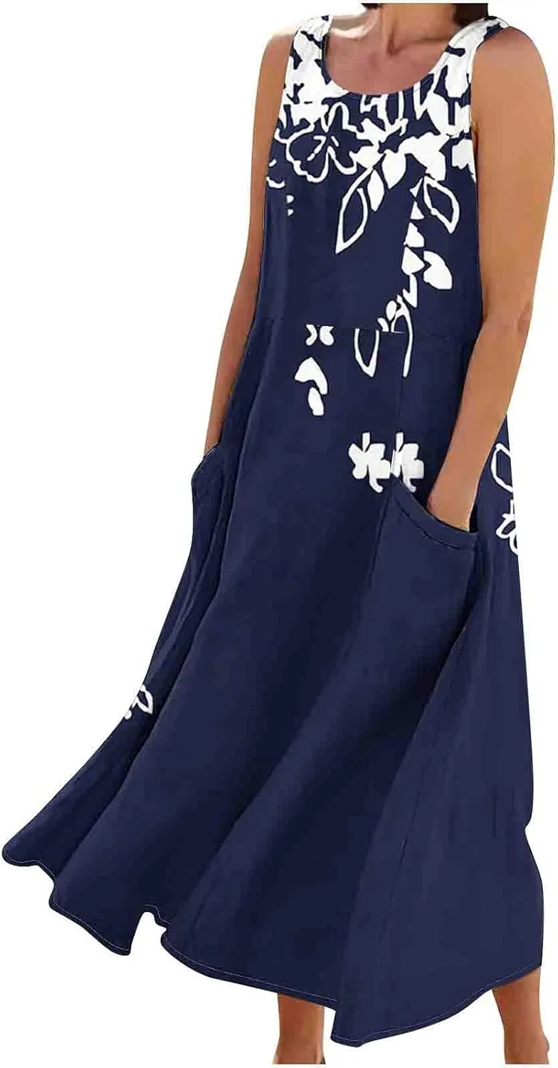 Women Summer Linen Dresses 2025 Trendy Floral Print Maxi Sundress Vacation Casual Sleeveless U Neck Dress with Pockets