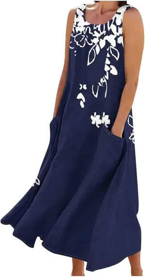 Women Summer Linen Dresses 2025 Trendy Floral Print Maxi Sundress Vacation Casual Sleeveless U Neck Dress with Pockets