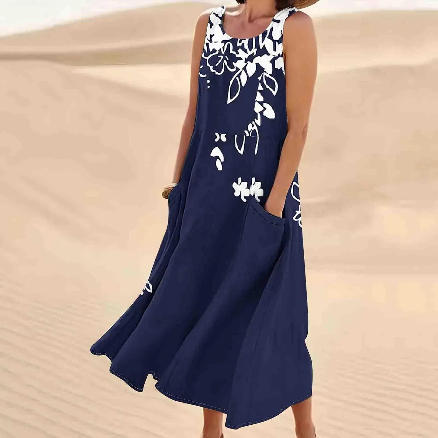 Women Summer Linen Dresses 2025 Trendy Floral Print Maxi Sundress Vacation Casual Sleeveless U Neck Dress with Pockets