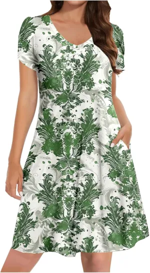 Women Summer Mini A Line Dress Short Sleeve Casual Flowy Tiered Beach Long Sundress 2025 Vacation Travel with Pockets