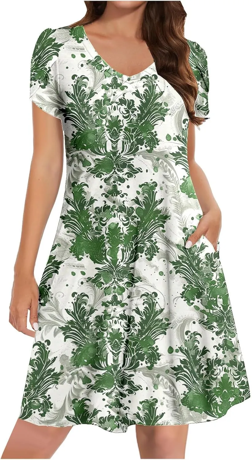 Women Summer Mini A Line Dress Short Sleeve Casual Flowy Tiered Beach Long Sundress 2025 Vacation Travel with Pockets
