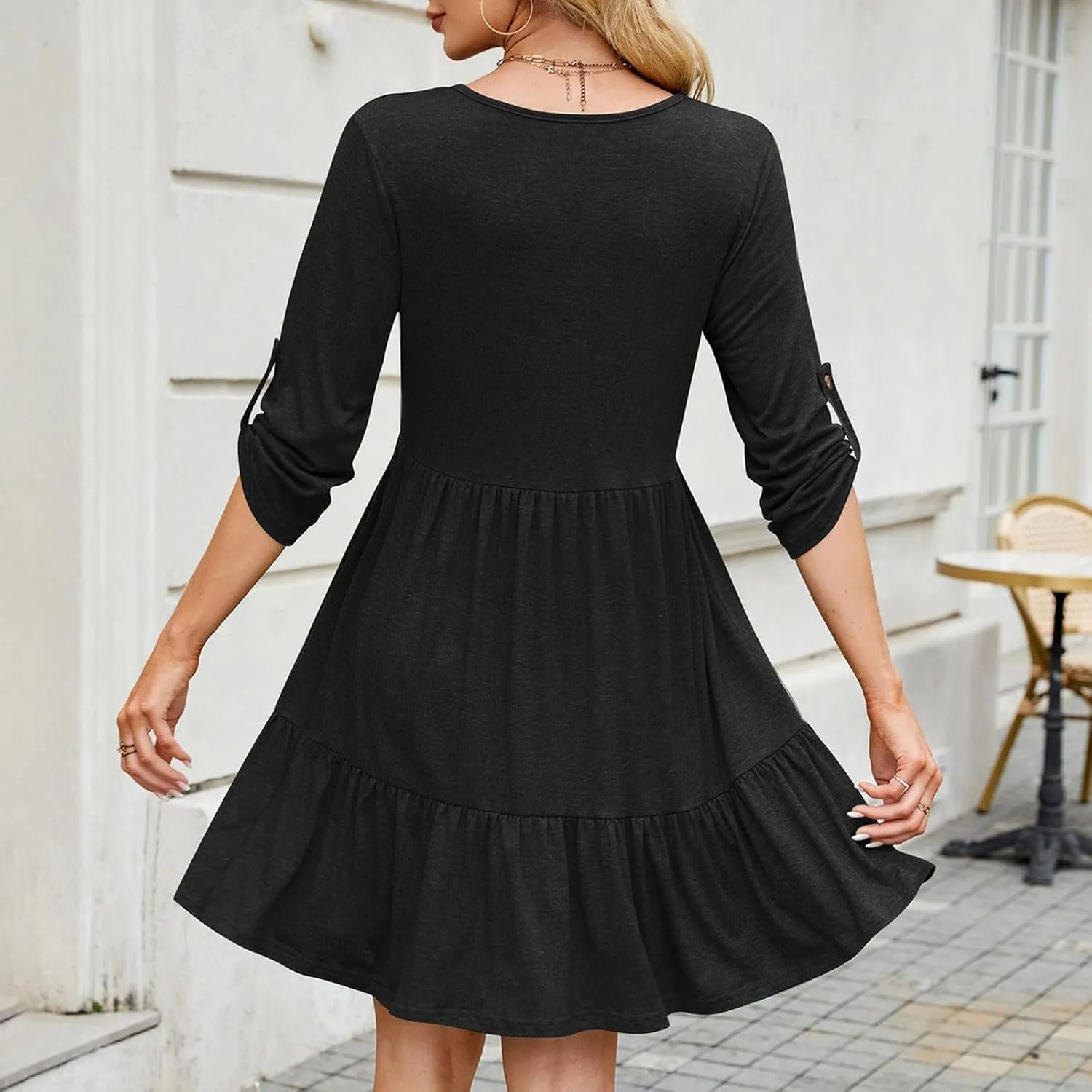Women Summer Tunic Dress V Neck 3/4 Sleeve Cuffed Casual Button Flowy Swing Dresses Ruffle Hem Mini Beach Dress