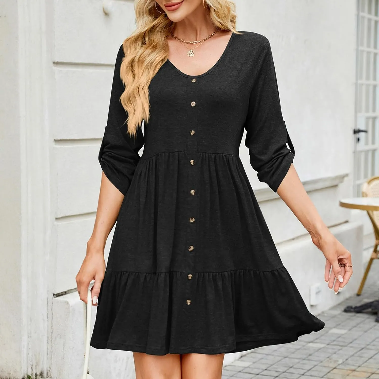 Women Summer Tunic Dress V Neck 3/4 Sleeve Cuffed Casual Button Flowy Swing Dresses Ruffle Hem Mini Beach Dress