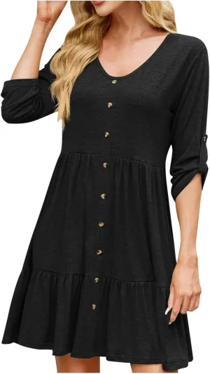 Women Summer Tunic Dress V Neck 3/4 Sleeve Cuffed Casual Button Flowy Swing Dresses Ruffle Hem Mini Beach Dress