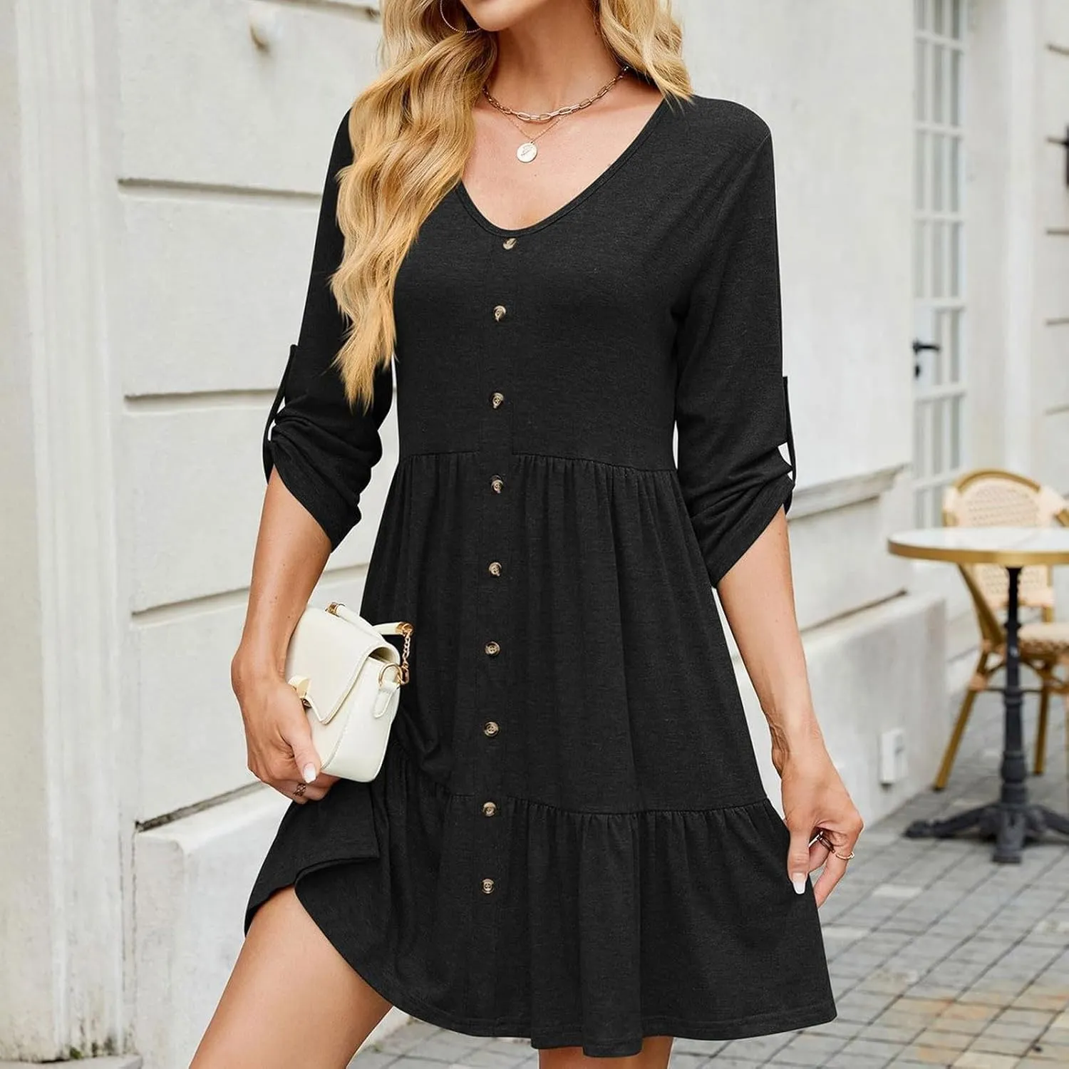 Women Summer Tunic Dress V Neck 3/4 Sleeve Cuffed Casual Button Flowy Swing Dresses Ruffle Hem Mini Beach Dress